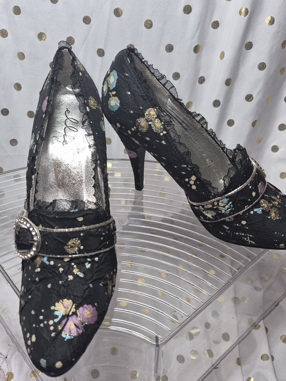 Ellie Black Floral Rhinestone Buckle Pump - Picture 2 of 7